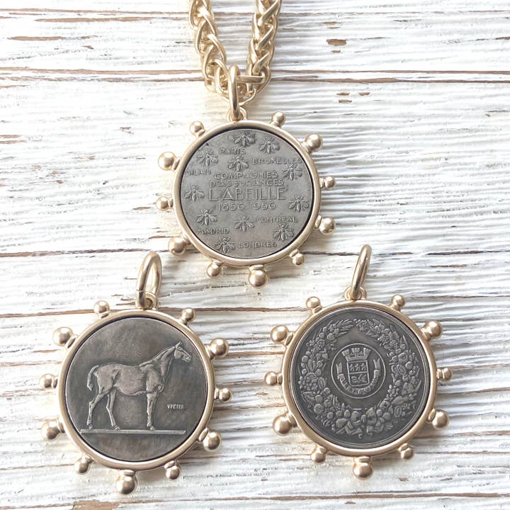 VB&CO Designs Handmade Jewelry - Wholesale Pendant/Charm Necklace - Matte gold horse French Bee coin necklace boutique