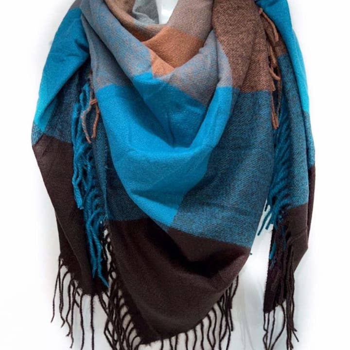 LINETA - Wholesale Sjaal - Dames - HG-35 Grote vierkante sjaal met ruitpatroon en lange franjes12