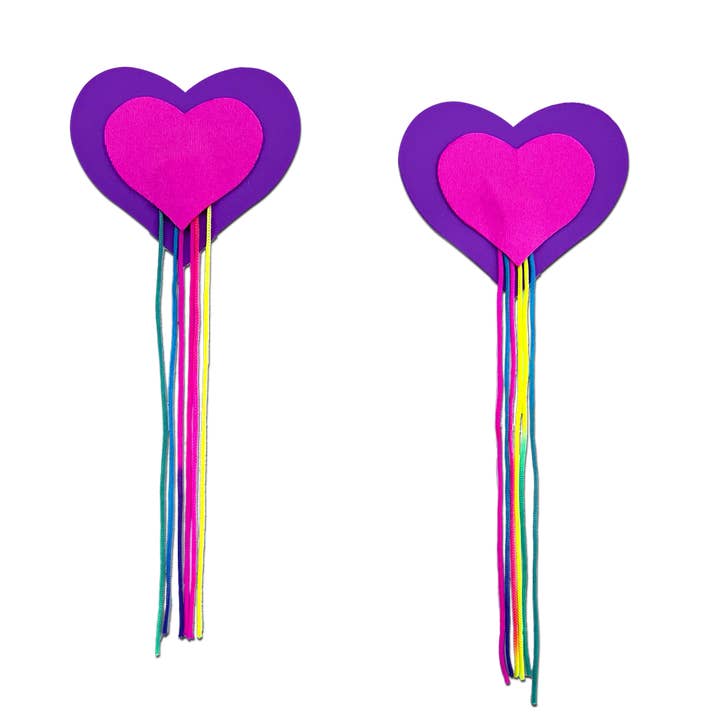 Cache-tétons cœur rose néon avec longs pompons arc-en-ciel pour la vente par Pastease®