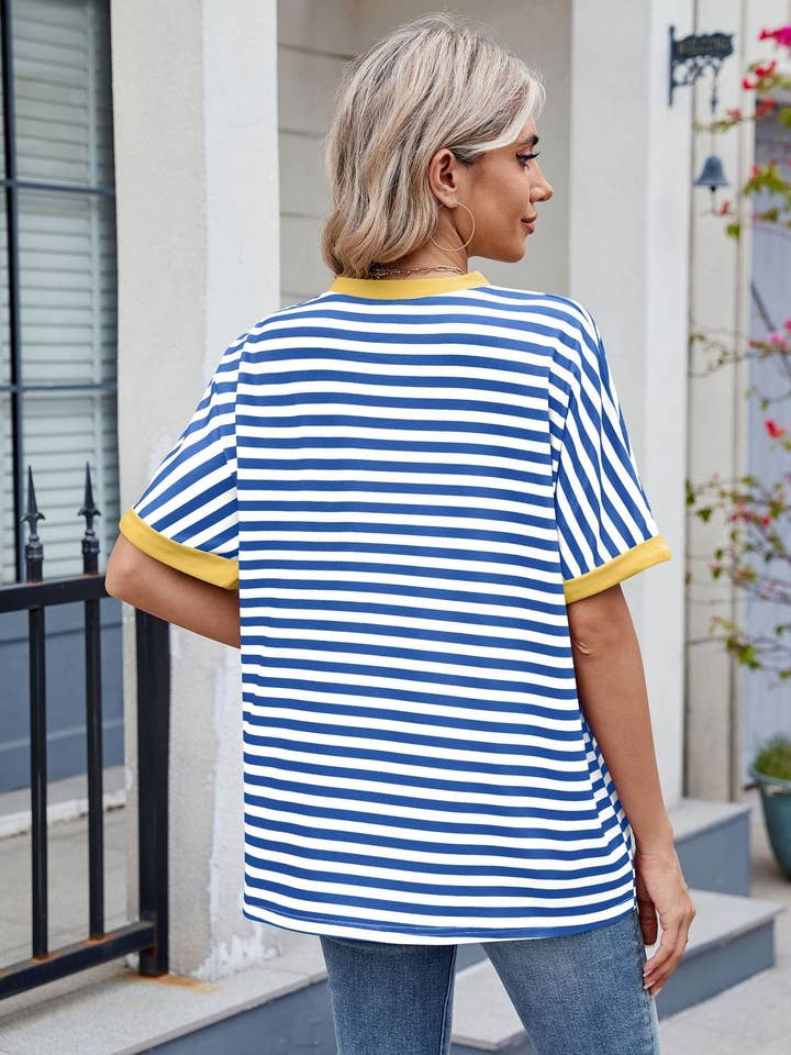 Lovesoft – wholesale T-shirt – women's – Striped Collision Round Neck Short-sleeved7