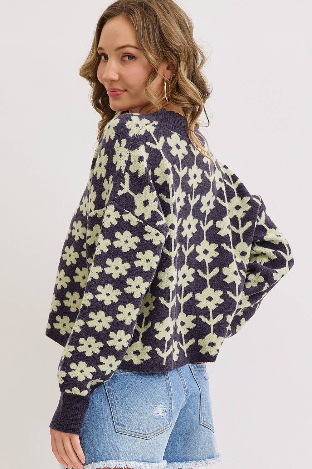 NAVY COZY PLAYFUL CASUAL FLORAL PRINT SWEATER KNIT CARDIGAN for wholesale on Faire4