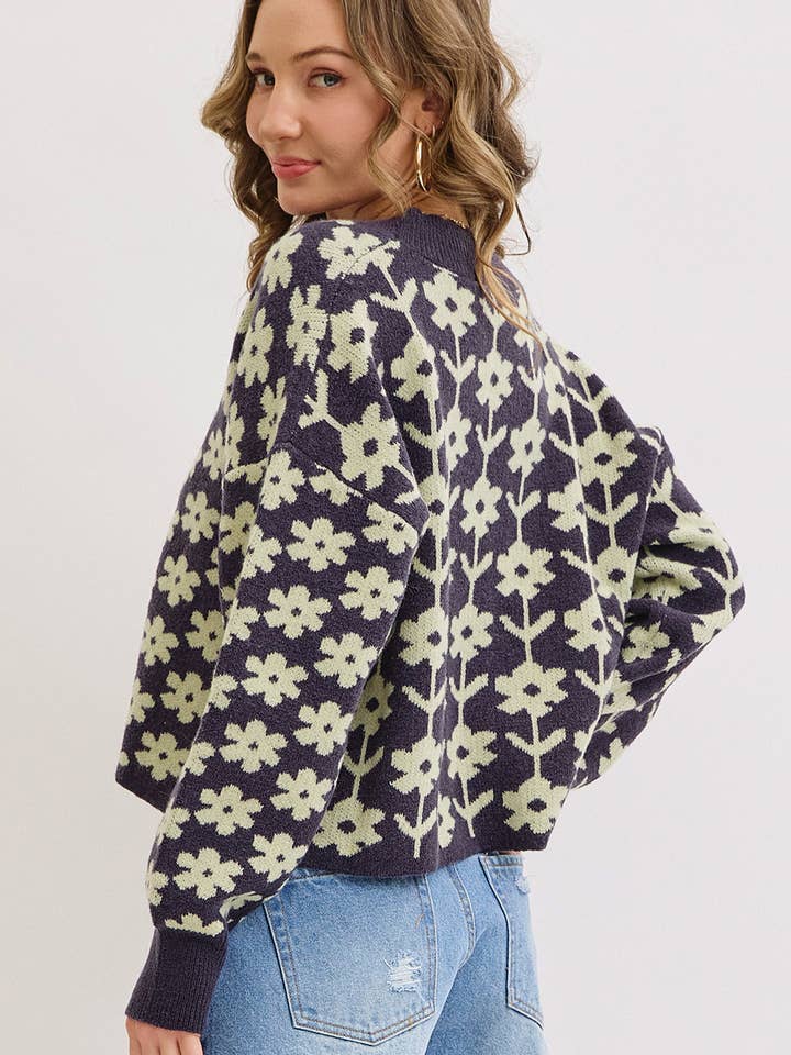 NAVY COZY PLAYFUL CASUAL FLORAL PRINT SWEATER KNIT CARDIGAN for wholesale on Faire4