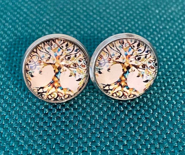 SMA Artistry Creations - Wholesale Stud/Post Earrings - 12mm Tree of life design glass cabochon stud earrings12