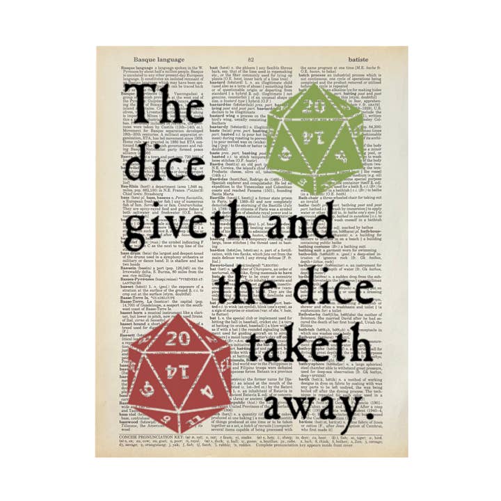 The dice giveth | Dictionary Print | Vintage Book Art for wholesale by Bookish Birds