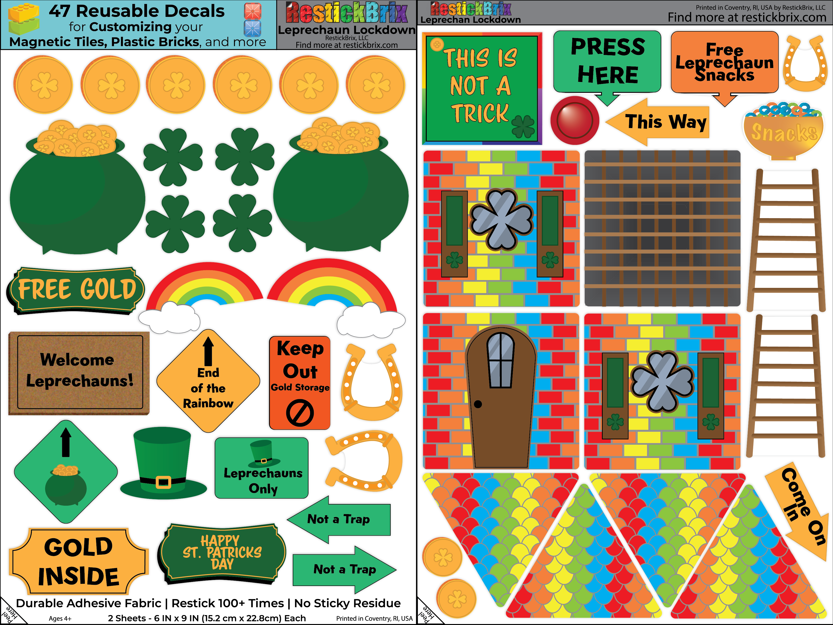 RestickBrix - Wholesale Building Set - Kids - Reusable Decals for Magnetic Tiles & Bricks: Leprechaun1