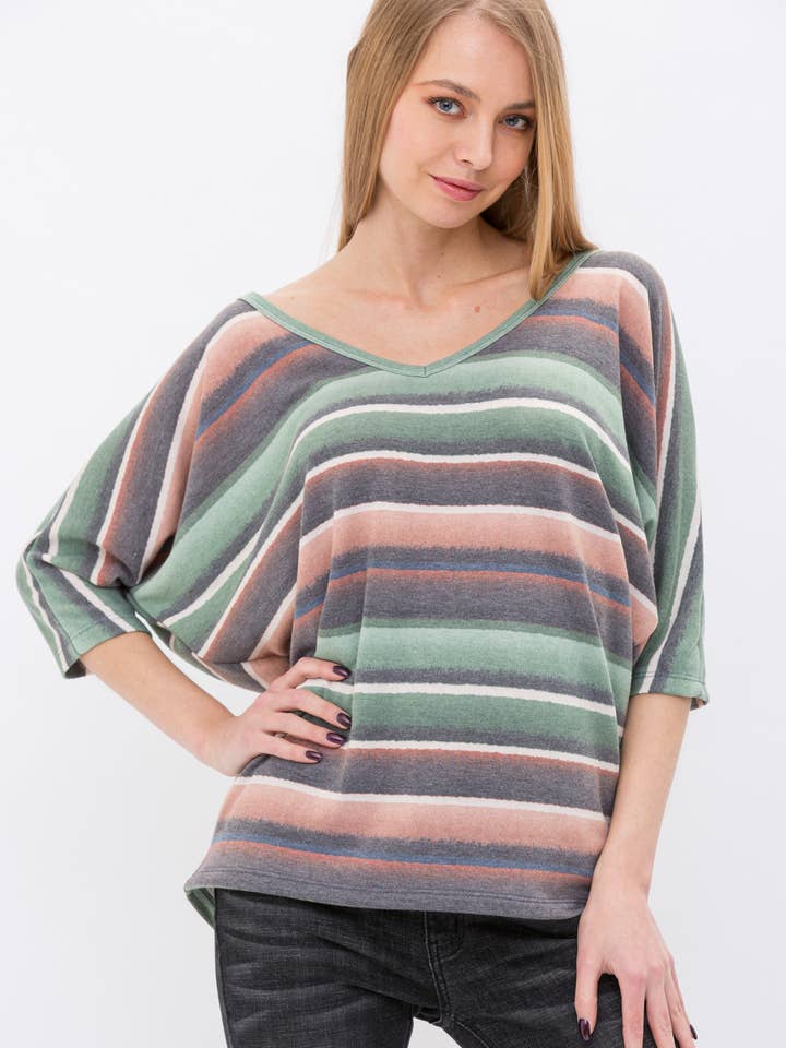 VOCAL - Wholesale Knit Top - Women's - STRIPE KIMONO SLEEVE TOP WITH STRINGS IN THE BACK 19328S