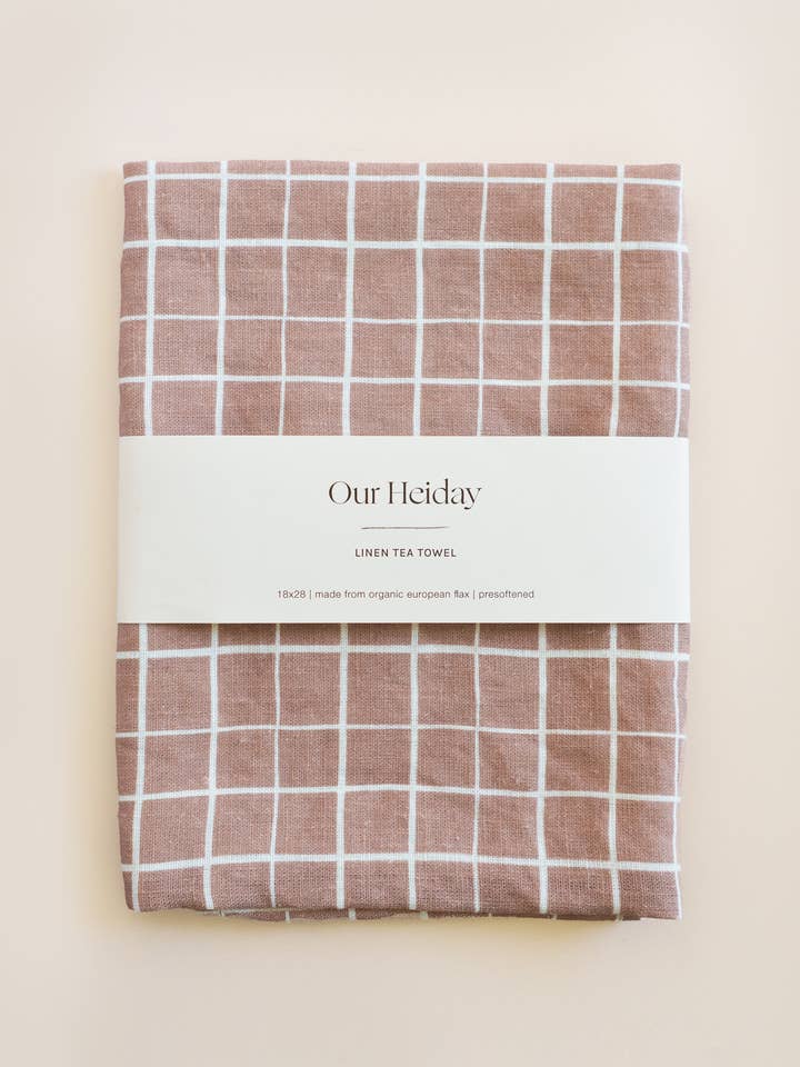 Loose Grid Mocha Linen Tea Towel for wholesale by Our Heiday