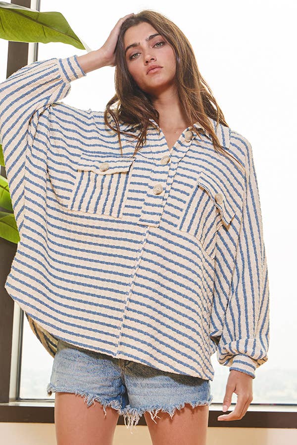 BUCKETLIST INC – wholesale Sweatshirt – Women's – T1578-5  Collared Oversized Button Up Stripe Pullover Top32