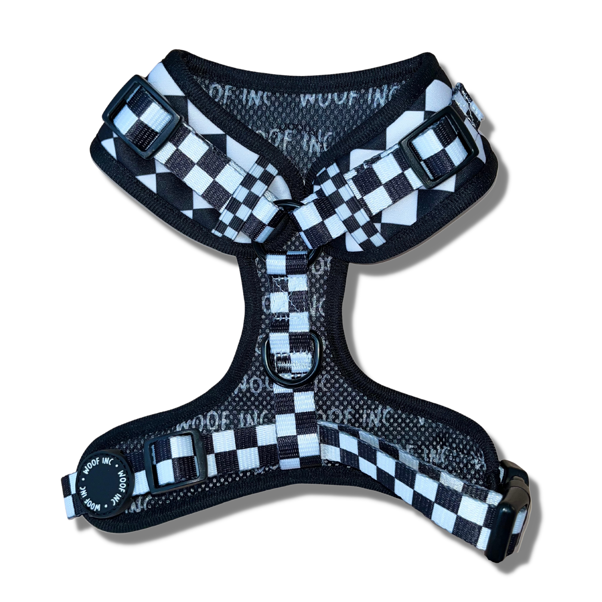 WOOF INC – Großhandel Haustiergeschirr – Hund – Verstellbares Hundegeschirr in Schwarz und Weiß mit Schachbrettmuster2