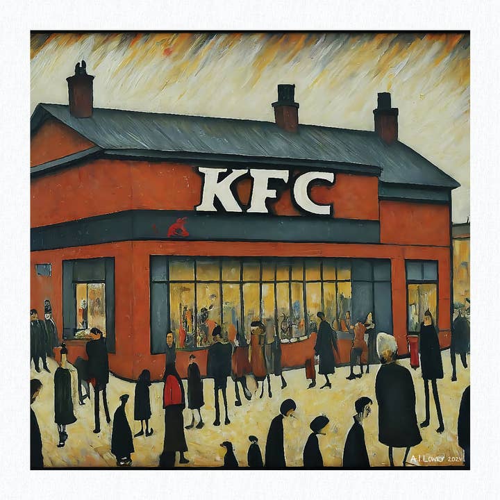 KFC - Kentucky Fried Chicken - Giclée Art Print 21cm Square. Quirky Image in the Style Of LS Lowry for wholesale by AI Lowry