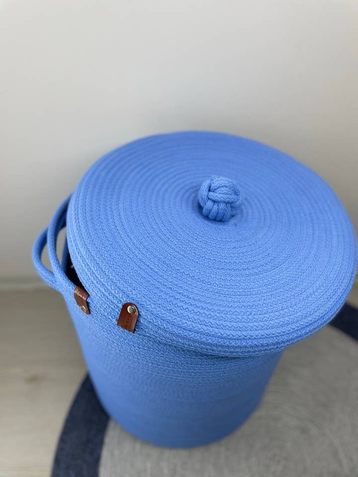 Woven Basket with Lid in Blue Small Laundry Cloths Basket St for wholesale by SannasDecor