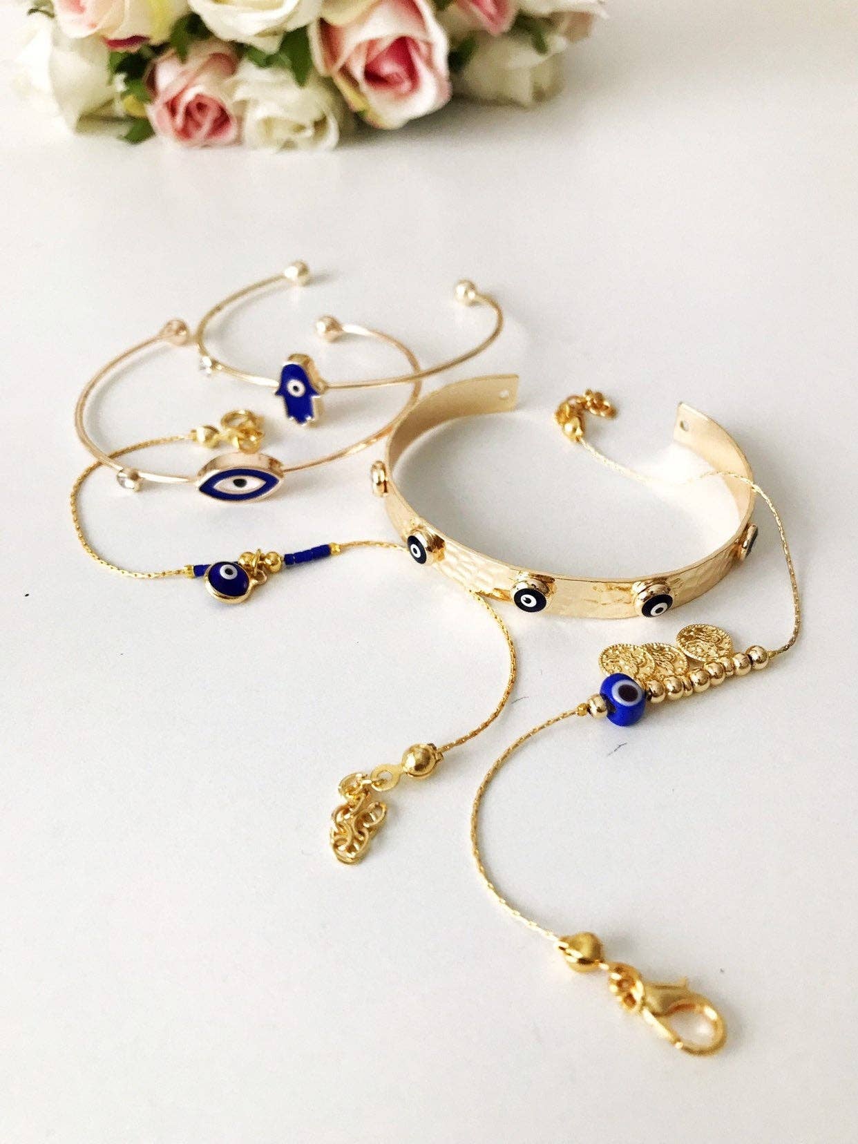 Evileyefavor - Venta al por mayor Brazalete - Pulsera de mal de ojo dorado, Cuenta de mal de ojo azul, Pulsera brazalete3