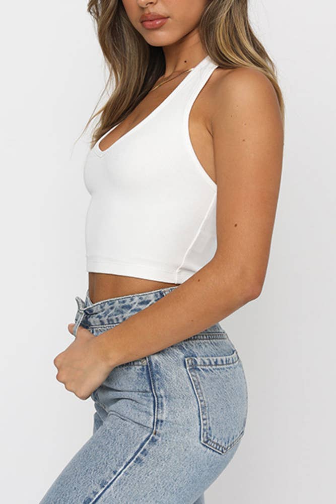 UNISHE – wholesale Tank top – Women′s – Halter Neck Backless Ribbed Knitting Tank Crop Top ZZKF8772