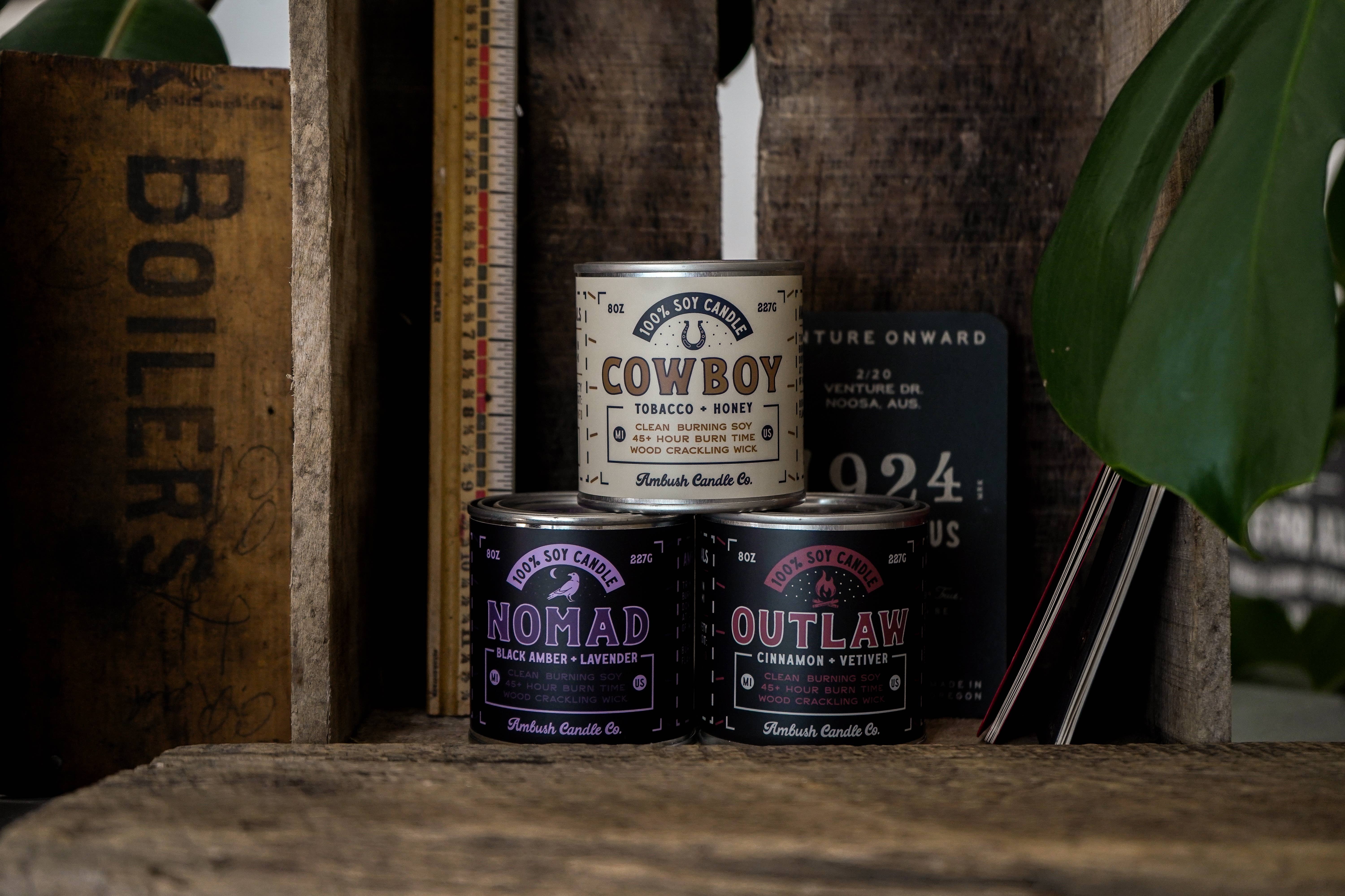 Ambush Candle Co. – wholesale Jar/filled candle – Nomad | Amber + Lavender 8oz Soy Candle6