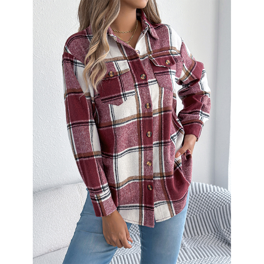 UNISHE – wholesale Jacket – Women's – Fall Plaid Faux Pocket Long Sleeve Mid-Length Jacket BJS2774