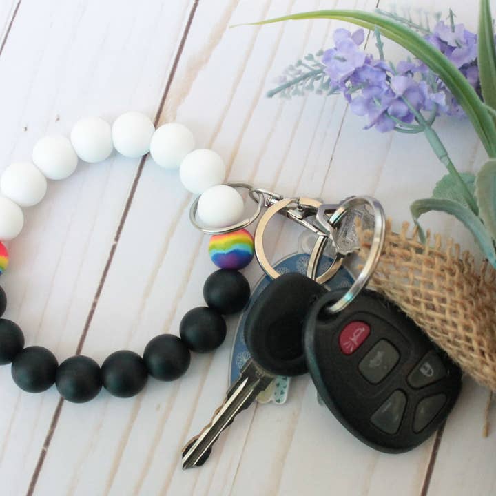 Black & White Rainbow Silicone Beaded Wristlet for wholesale by Kaysticks.co