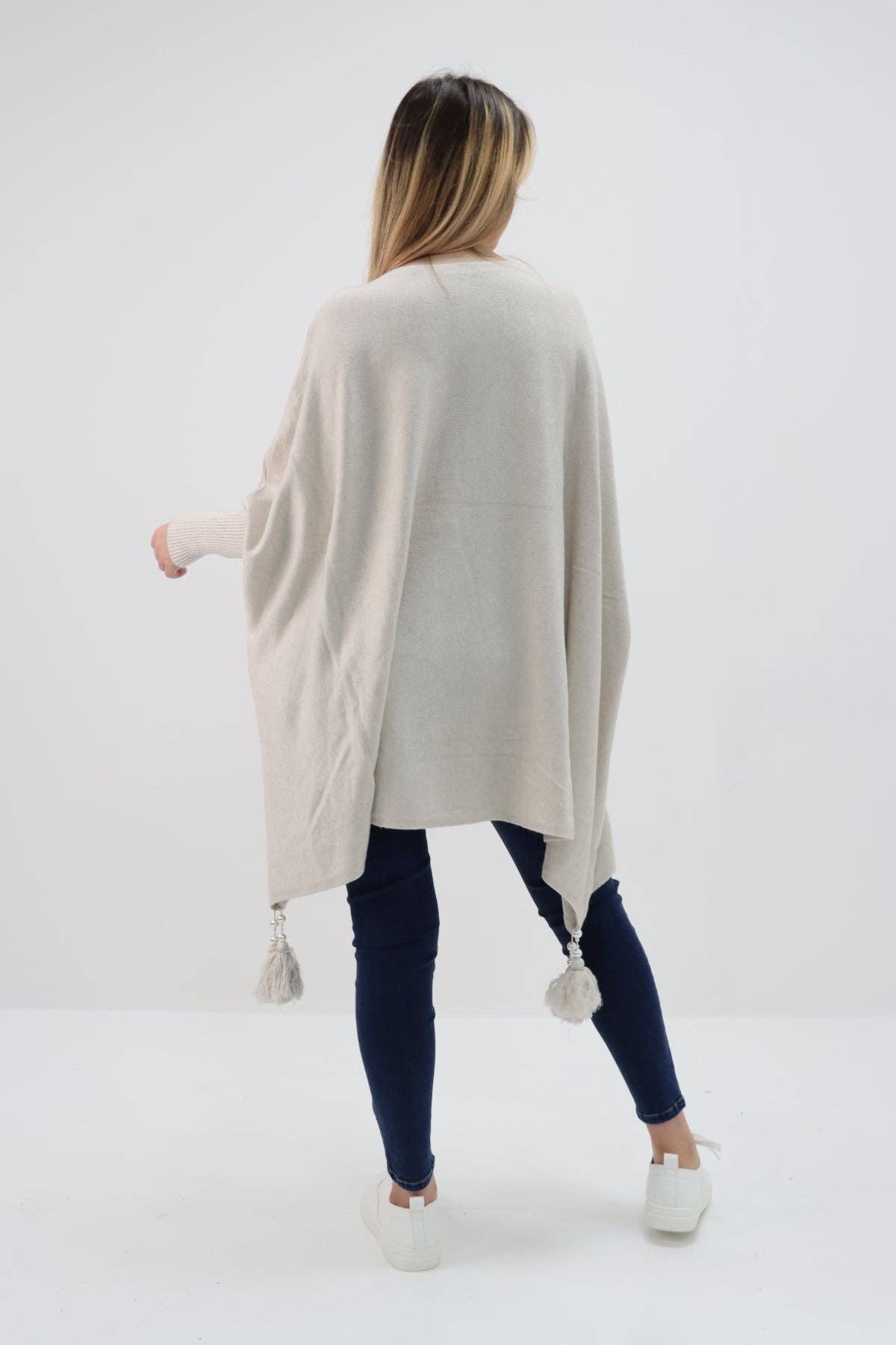 Miss Bold - Wholesale Poncho - Women's - Italian Plain Batwing Sleeves Tassels Tunic Poncho2