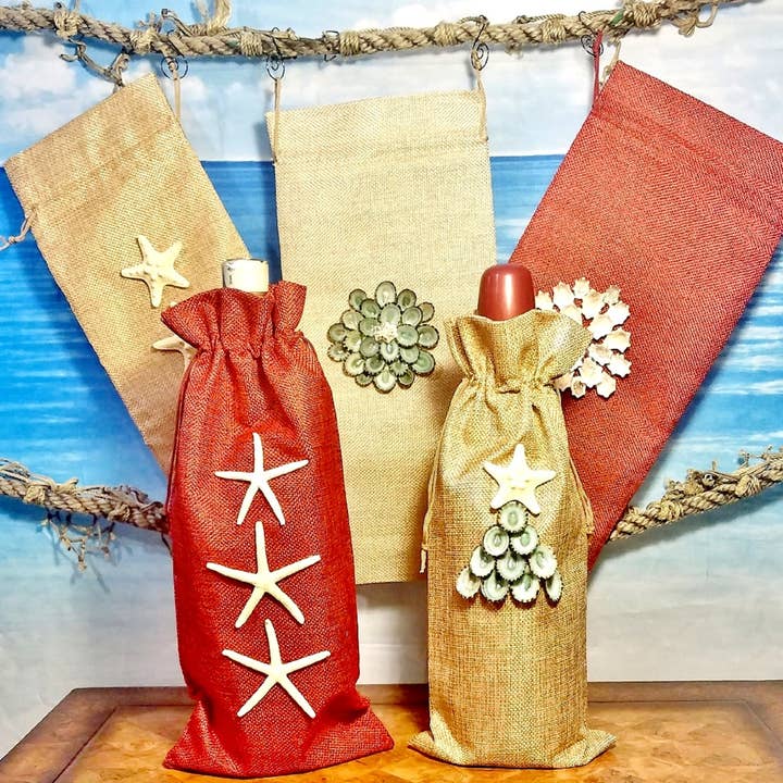Shell We Sea Designs - Wholesale Wine gift bag - STARFISH Wine Bag Drawstring Burlap Tote Pouch Gift6