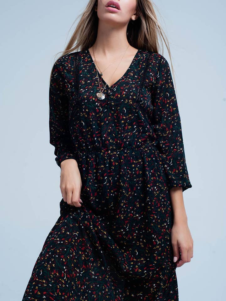 Sort kjole blomsterprint med blonder trim for engroshandel hos Q2—All Orders:Free Duties for the US,UK,and Canada