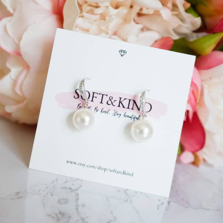 Silver Pearl Dangle Earrings, Bridal Jewelry for wholesale by Soft and Kind