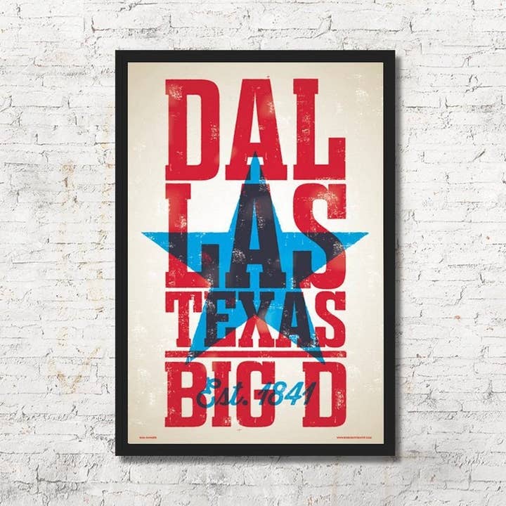 Dallas Rustic Letterpress Art Print Texas wanddecoratie cadeau voor wholesale door Red Robot Design & Illustration