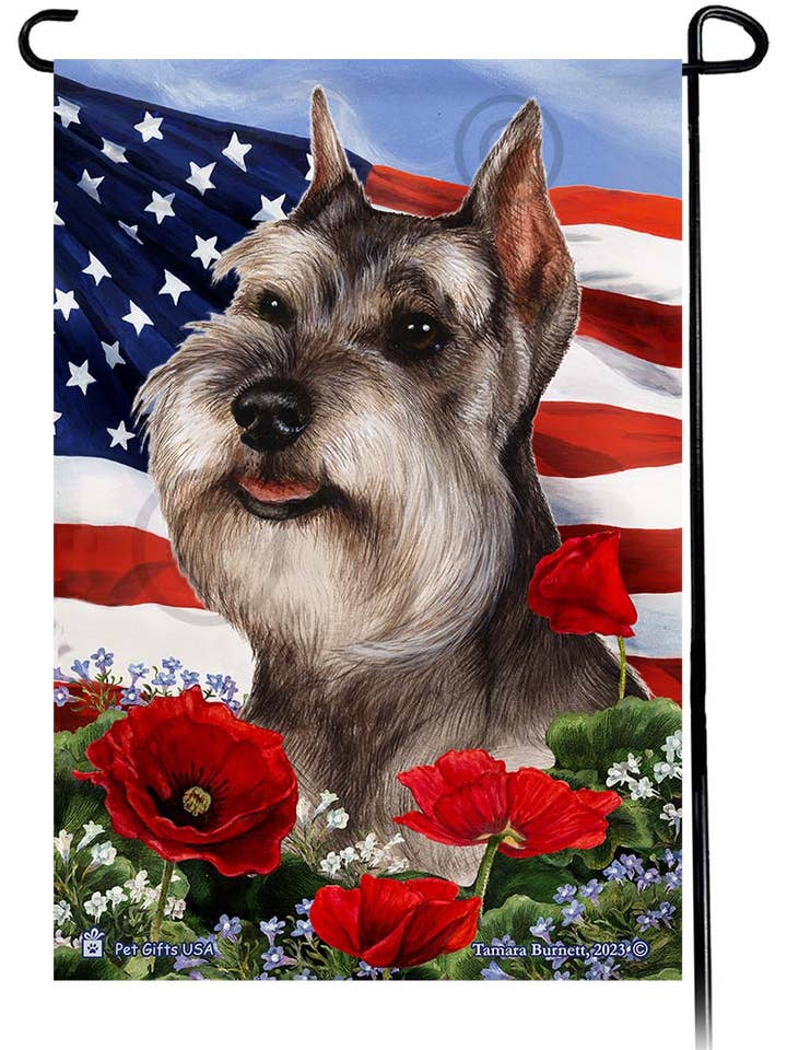 Drapeau Schnauzer Grey Cropped - Patriotic Flowers Garden pour la vente par Pet Gifts USA, LLC