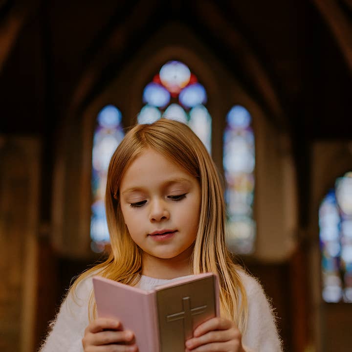 Corbell Silver - Wholesale Bible Cover - Pink Child's Size New Testament Bible With Engravable Pewter Cross Cover SKU:Bible123