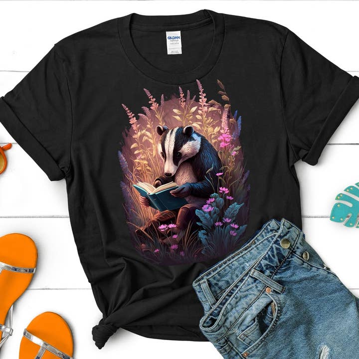 Vivtrek - Wholesale Screen Printed T-Shirt - Women's - Badger reading a book Tshirt, Fairy Aesthetic