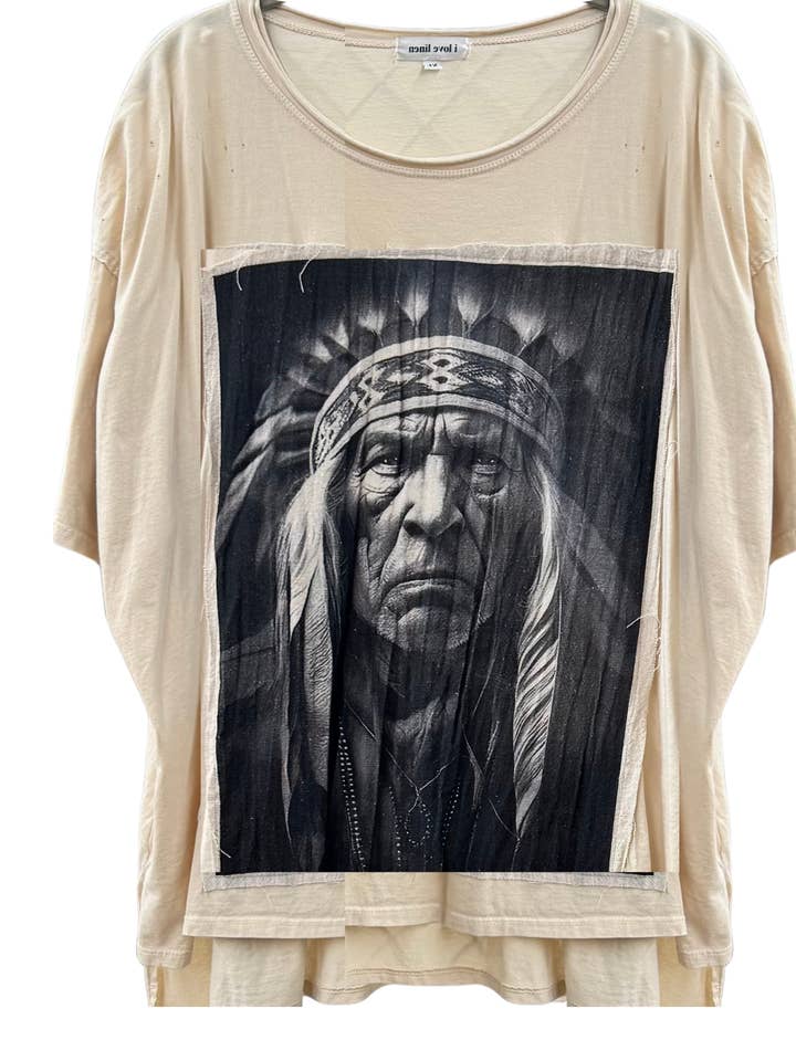 Tee w/ Indian Warrior Chief Patchwork Oversized for wholesale by LeParisPetit by I Love Linen