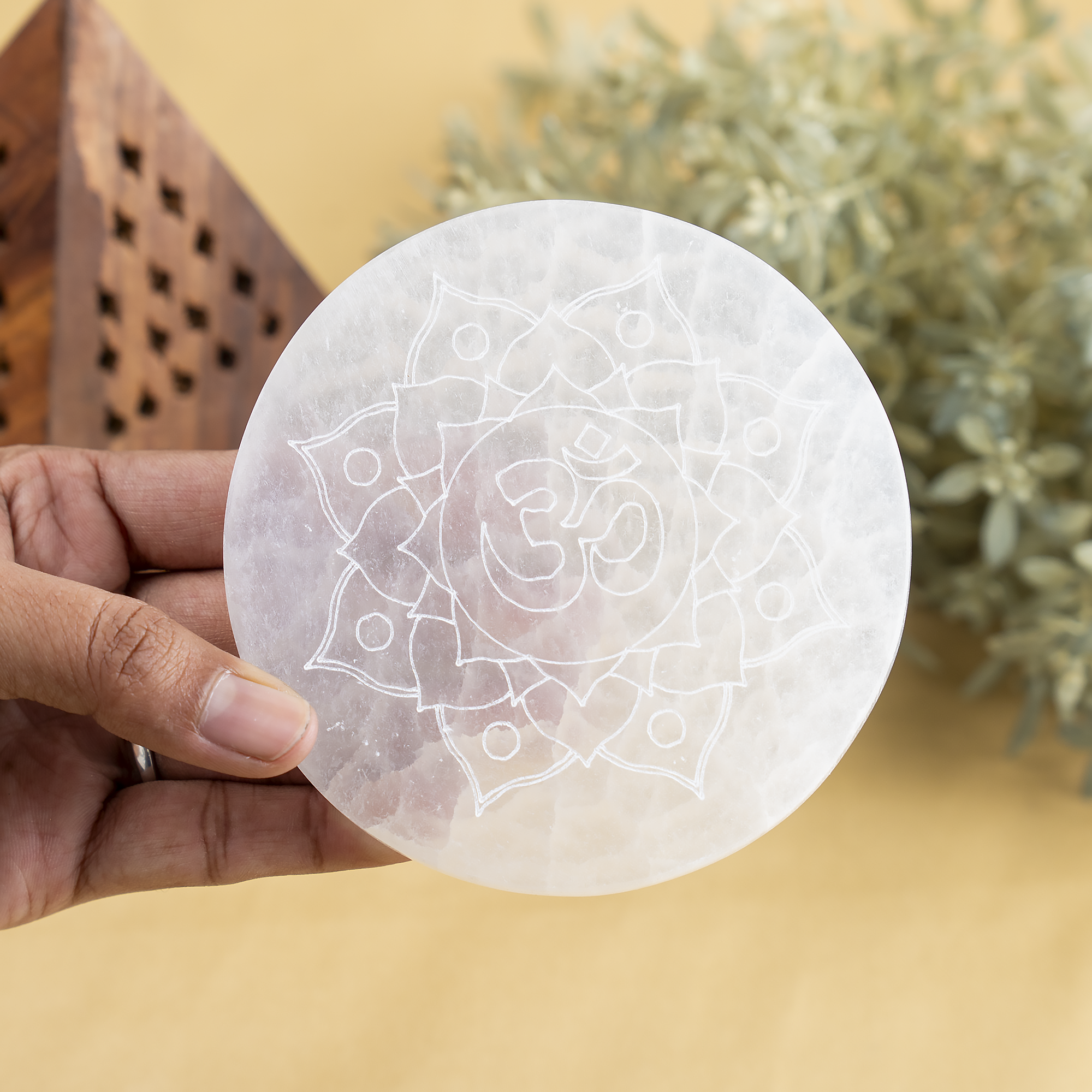 Soothing Crystals - Wholesale Crystal Charging Plate - 4" Selenite Plate | Om Selenite Plate | Charging Plate1