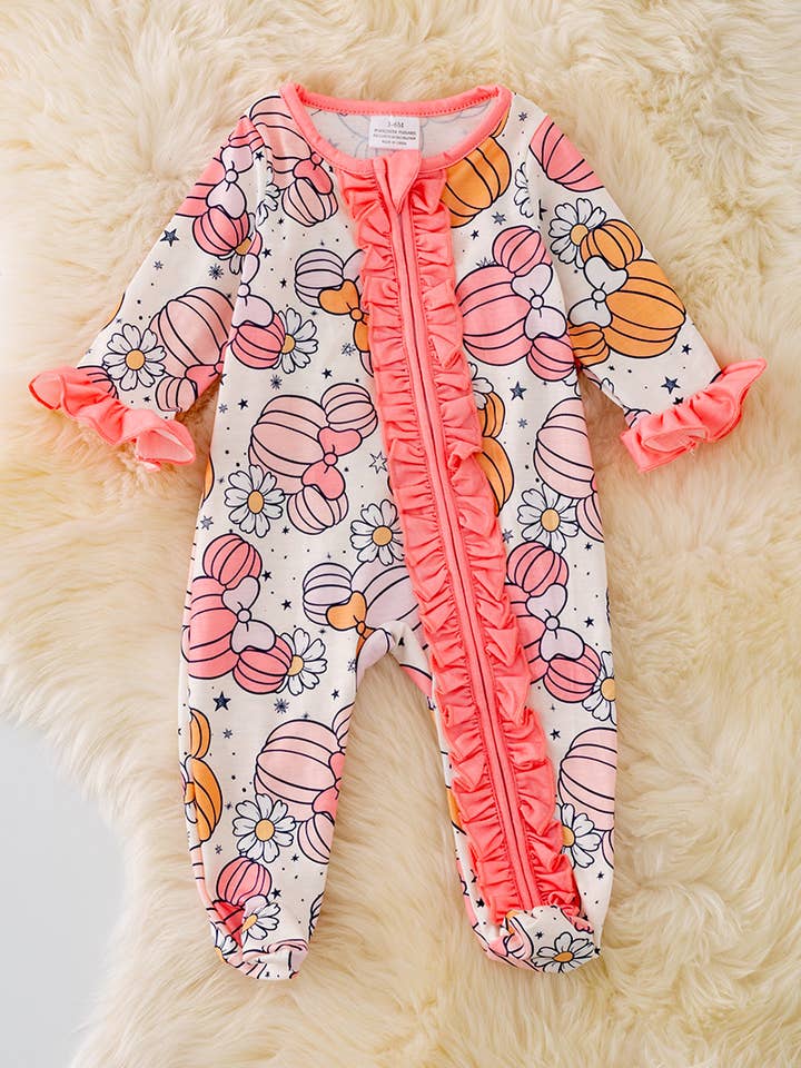 Kids Charm Online - Wholesale Jumpsuit - Baby - 🍁RPG40561 AMY: CHARACTER PRINTED PUMPKIN ONESIE WITH RUFFLE