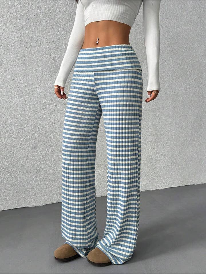 HIDDENBRAND - Wholesale Pants - Women's - Turn-up folded waist striped bootcut knit pants