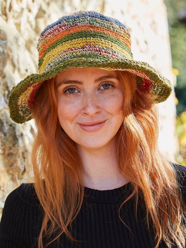 Sombrero de Sol de Verano a Rayas de Algodón y Cáñamo Tejido a Crochet para venta al por mayor de Pachamama Ltd