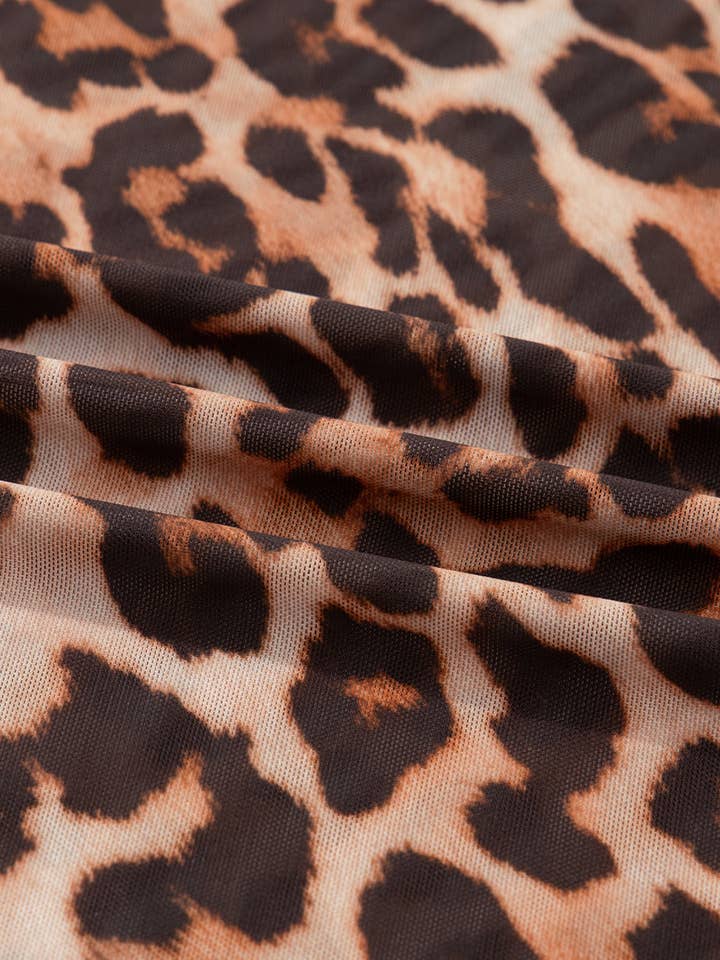 Brown FB Leopard Mesh Mock Neck Long Sleeve Top for wholesale on Faire3