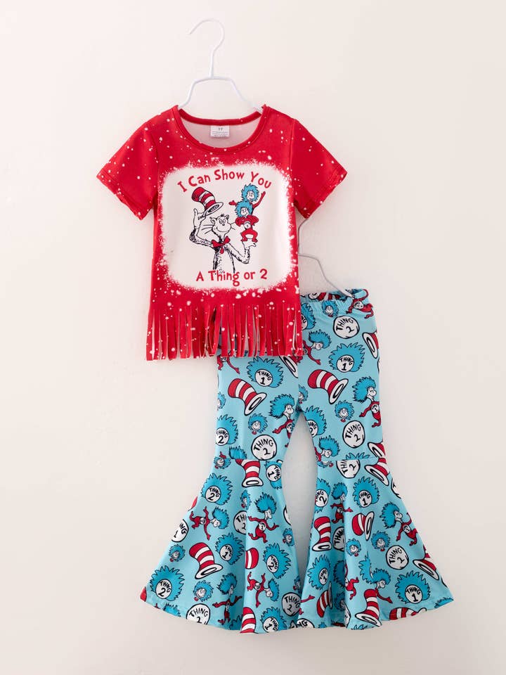 hummybee - Wholesale Top & Pant Set - Kids - Dr. Seuss Blue Red Girl Bell Bottom Set Outfit
