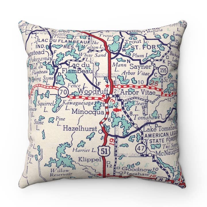 Minocqua Wisconsin Map Pillow – 18" Square Throw Pillow for wholesale by Daisy Mae Designs