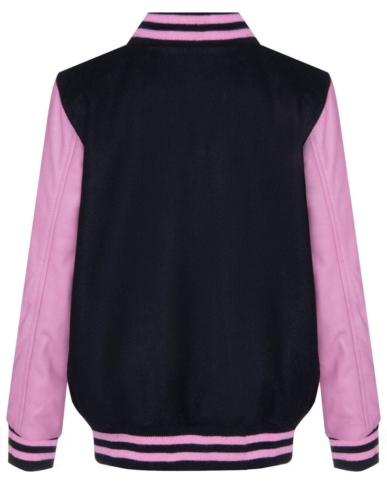 Negro con Rosa Chaqueta Bomber Varsity Negra y Rosa para Niños con Mangas de Cuero Real 3-13 años de venta al por mayor en Faire3