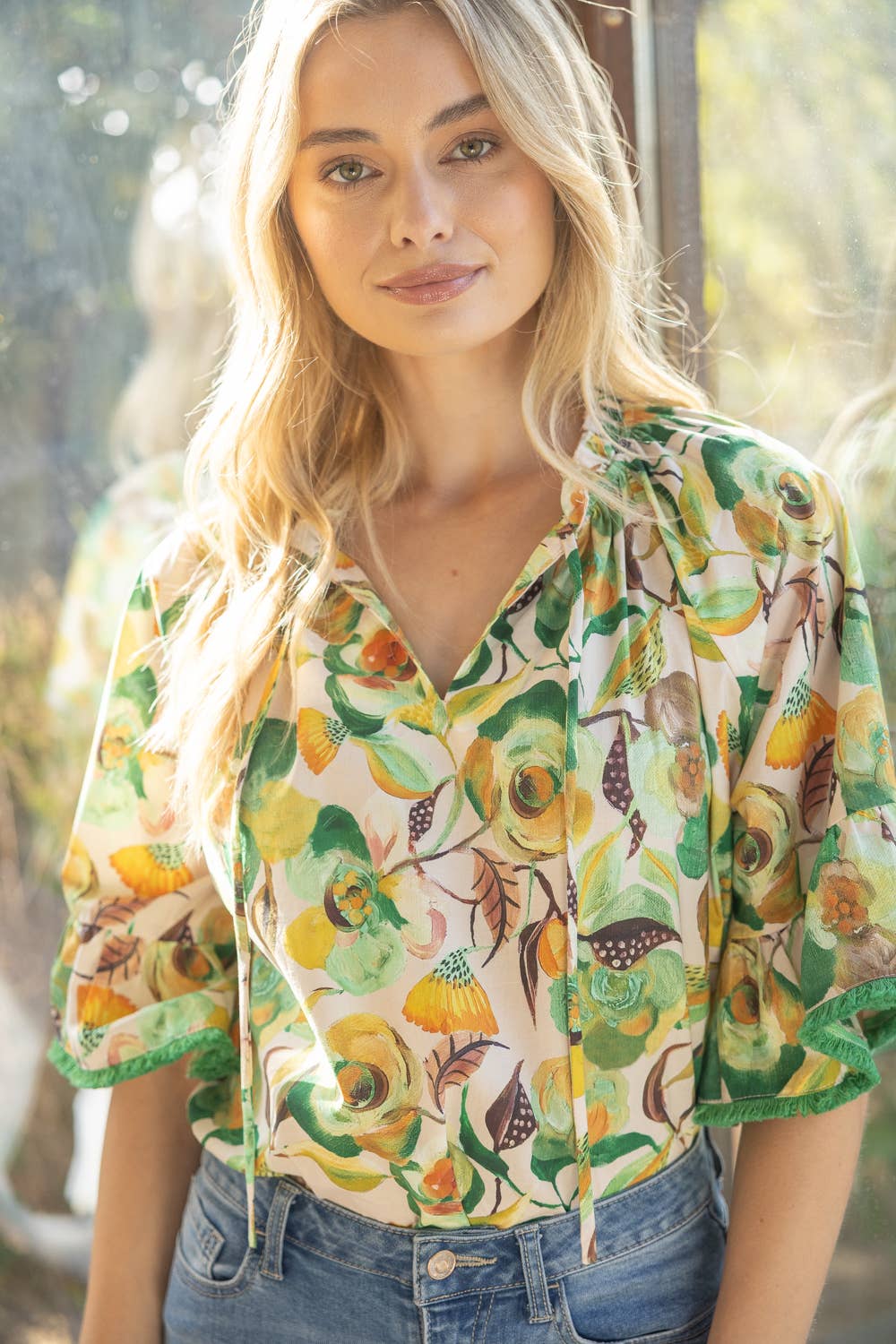 Green 35203 Fringe Detailed Loose Sleeve Floral Print Top for wholesale on Faire2