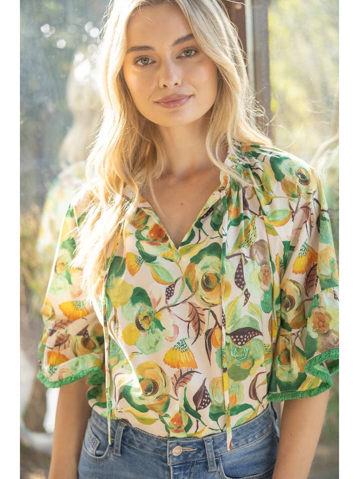 Green 35203 Fringe Detailed Loose Sleeve Floral Print Top for wholesale on Faire2