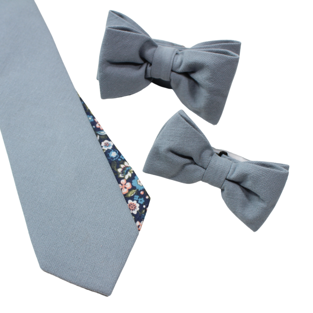 Tie Mood - Wholesale Necktie - Men's - Dusty Blue Solid Front with Floral Print Tail Tie9