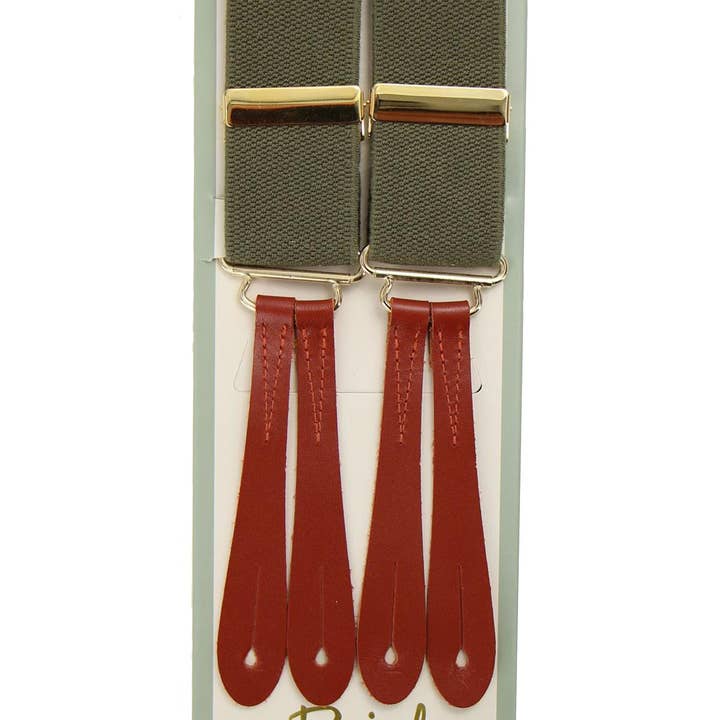 Revival Vintage Ltd – wholesale Suspenders – Unisex – Woven Khaki Green Trouser Braces - Tan Leather Loops
