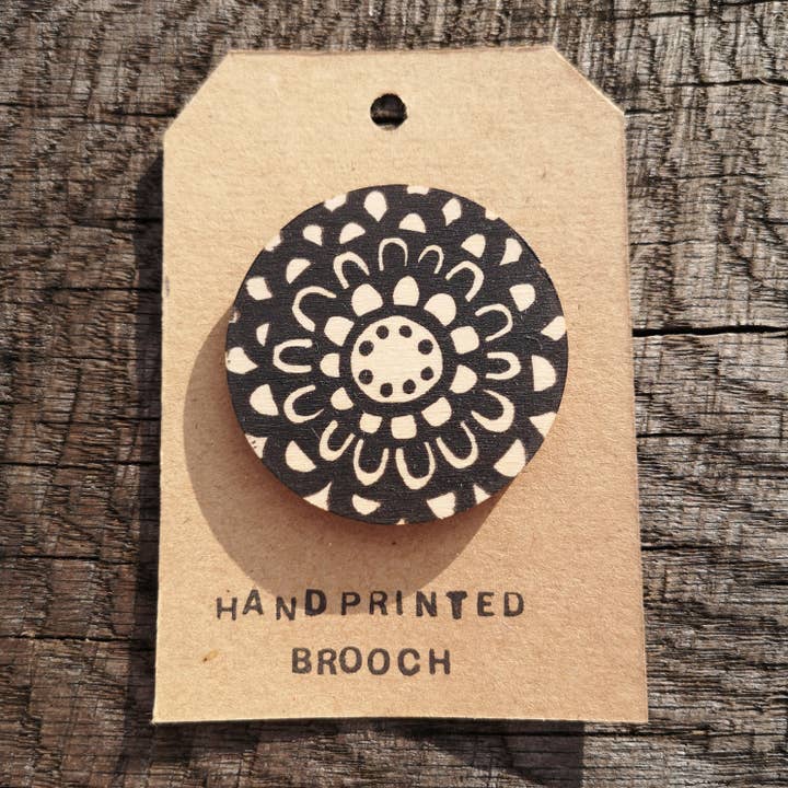 'Dahlia' Screenprinted Wooden Brooch for wholesale by Ruth Green Printmaker
