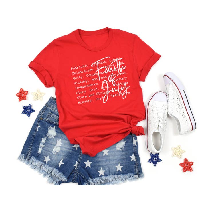 Fox and Owl Apparel - Wholesale Screen Printed T-Shirt - Women's - NEW ROYAL BLUE 4TH OF JULY WORDS BELLA CANVAS GRAPHIC TEE