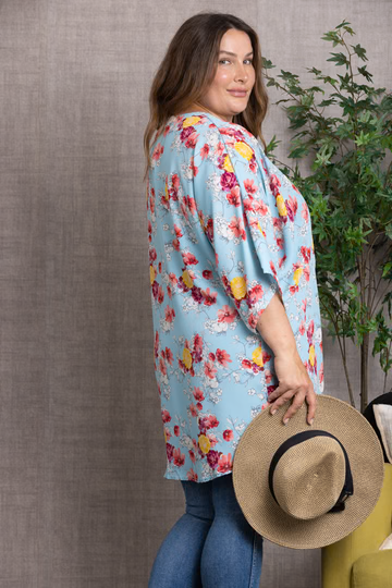 Blue FLORAL PRINT OPEN FRONT PLUS SIZE CARDIGAN-SJ100239 for wholesale on Faire4