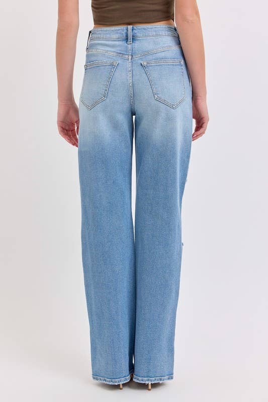 Light Denim 18584RS-LTD-Crossover Button Fly High Rise Dad Jeans for wholesale on Faire2