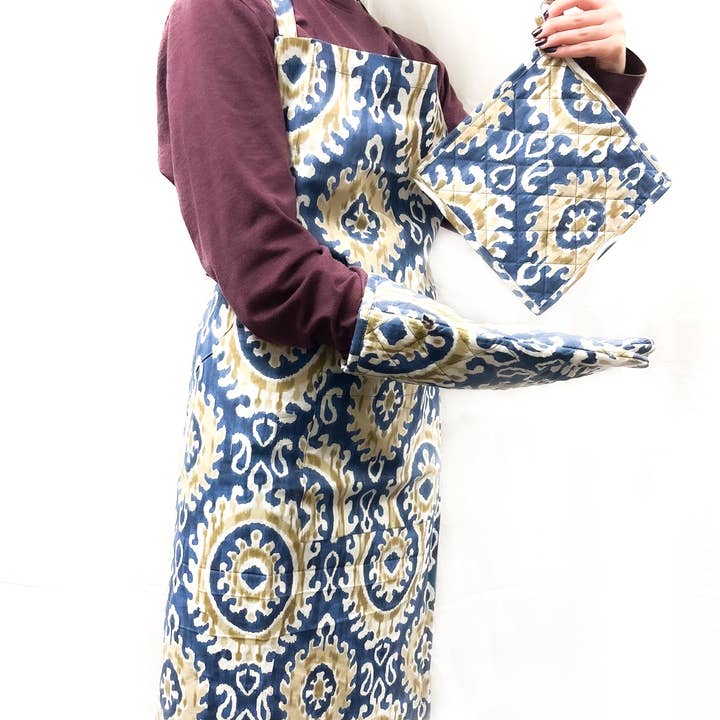 Apron, Pot Holder, Oven Mitt Set (Assorted Patterns) for wholesale by Mira Fair Trade