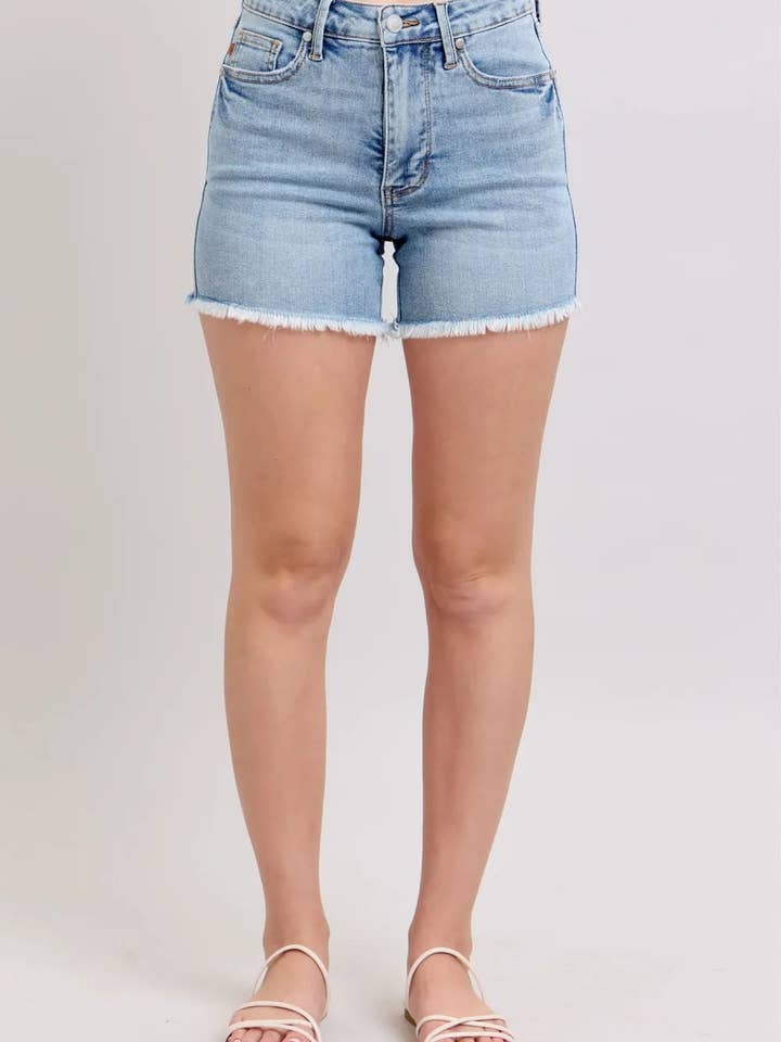 Light Judy Blue Full Size Tummy Control Raw Hem Denim Shorts Plus Size for wholesale on Faire