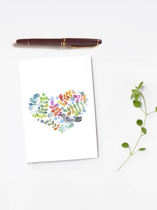 Botanical bird double heart card for wholesale by Thévy Guex