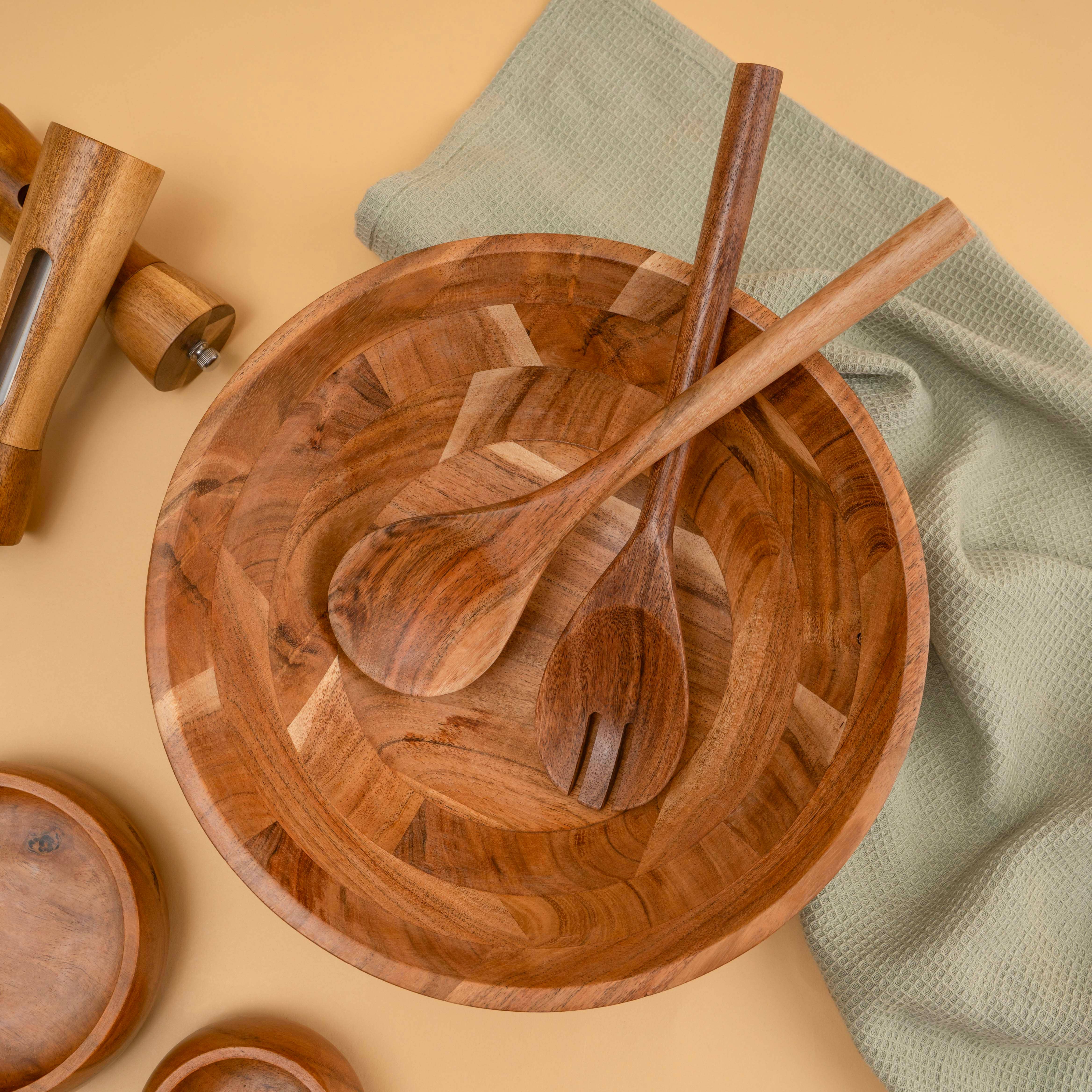 LuxeDesigns Co LLC - Wholesale Serve Bowl - Large Wooden Salad Bowl, 12" Acacia Wood Bowl with Servers10