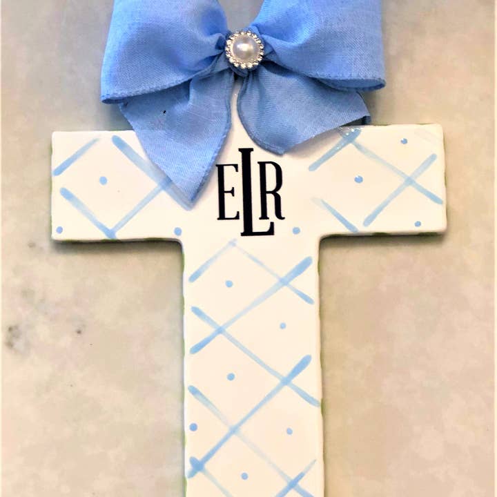 Blue Ceramic Cross for wholesale by Kricket Lane Designs